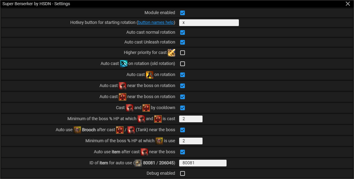 Menu screenshot Super Berserker — Module menu