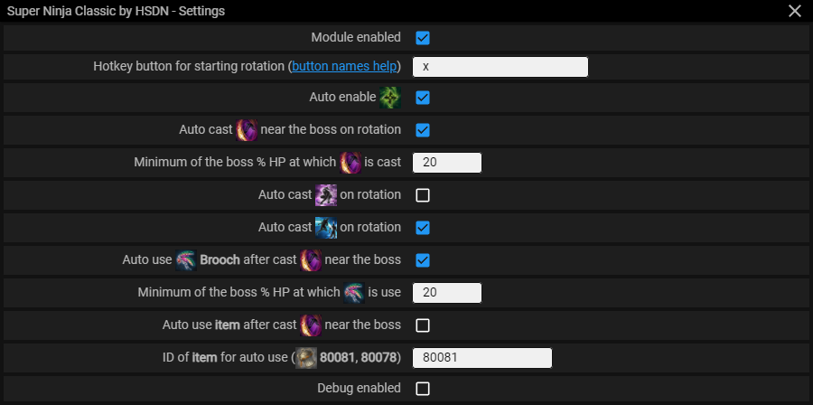 Menu screenshot Super Ninja (for Classic Patch) — Module menu