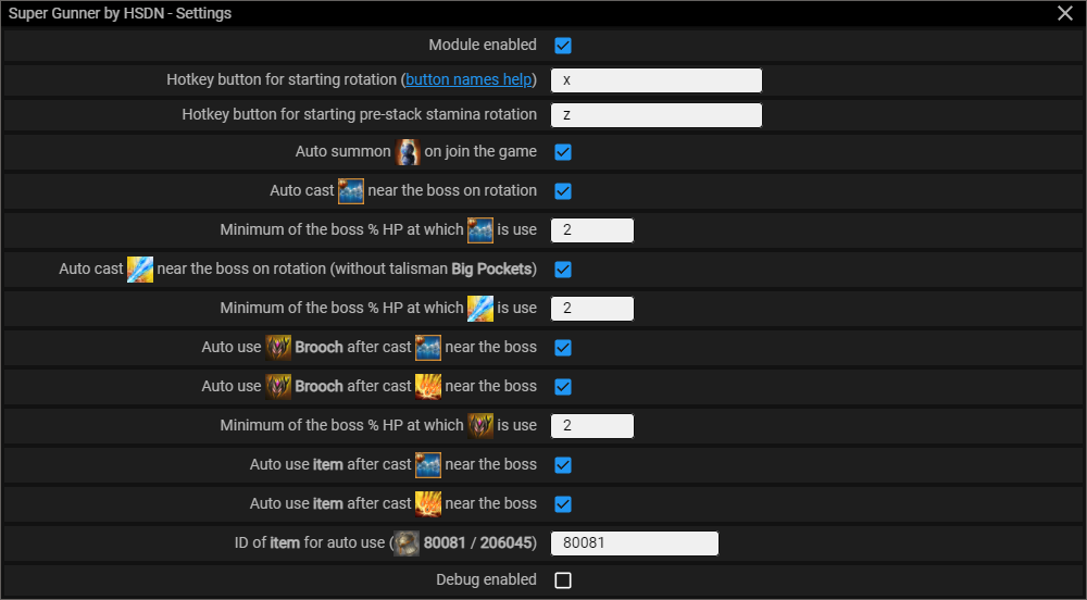 Menu screenshot Super Gunner — Module menu