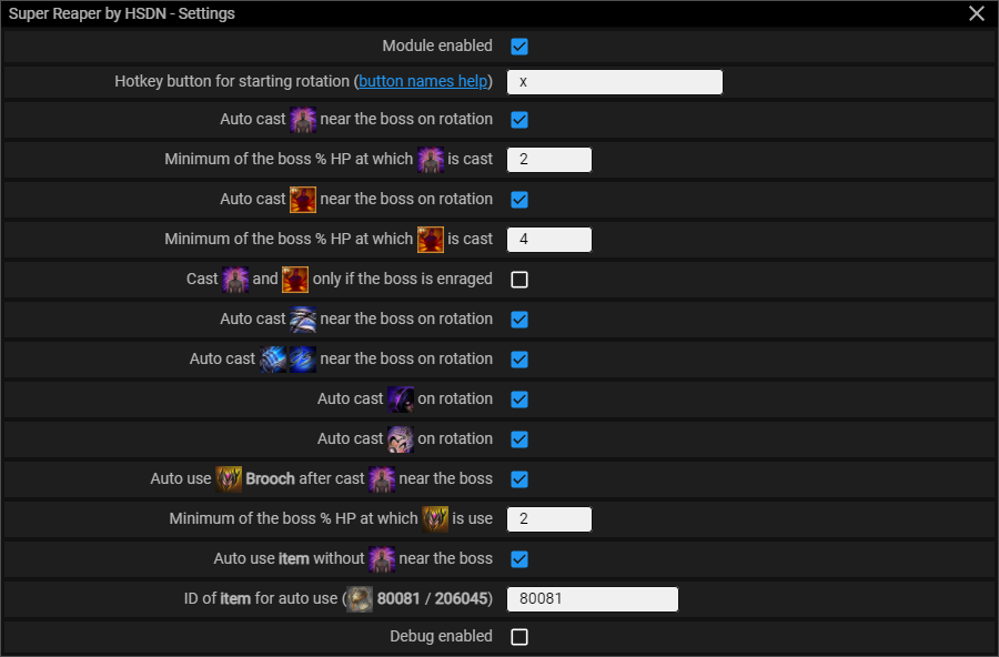 Menu screenshot Super Reaper — Module menu
