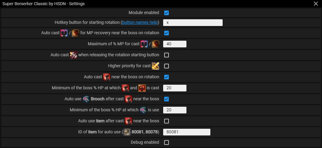 Menu screenshot Super Berserker (for Classic Patch) — Module menu